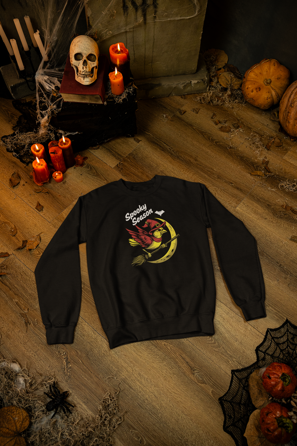 Spooky Season Bird Sweatshirt – Halloween Crewneck with Witch Budgie & Moon Design