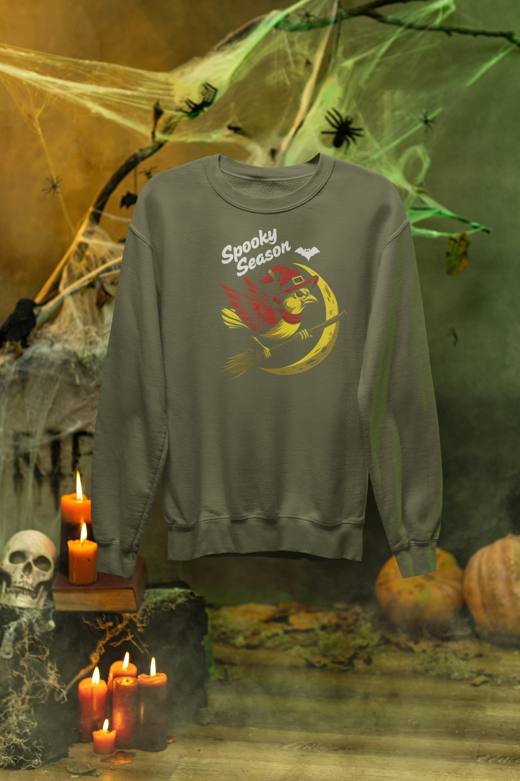 Spooky Season Bird Sweatshirt – Halloween Crewneck with Witch Budgie & Moon Design
