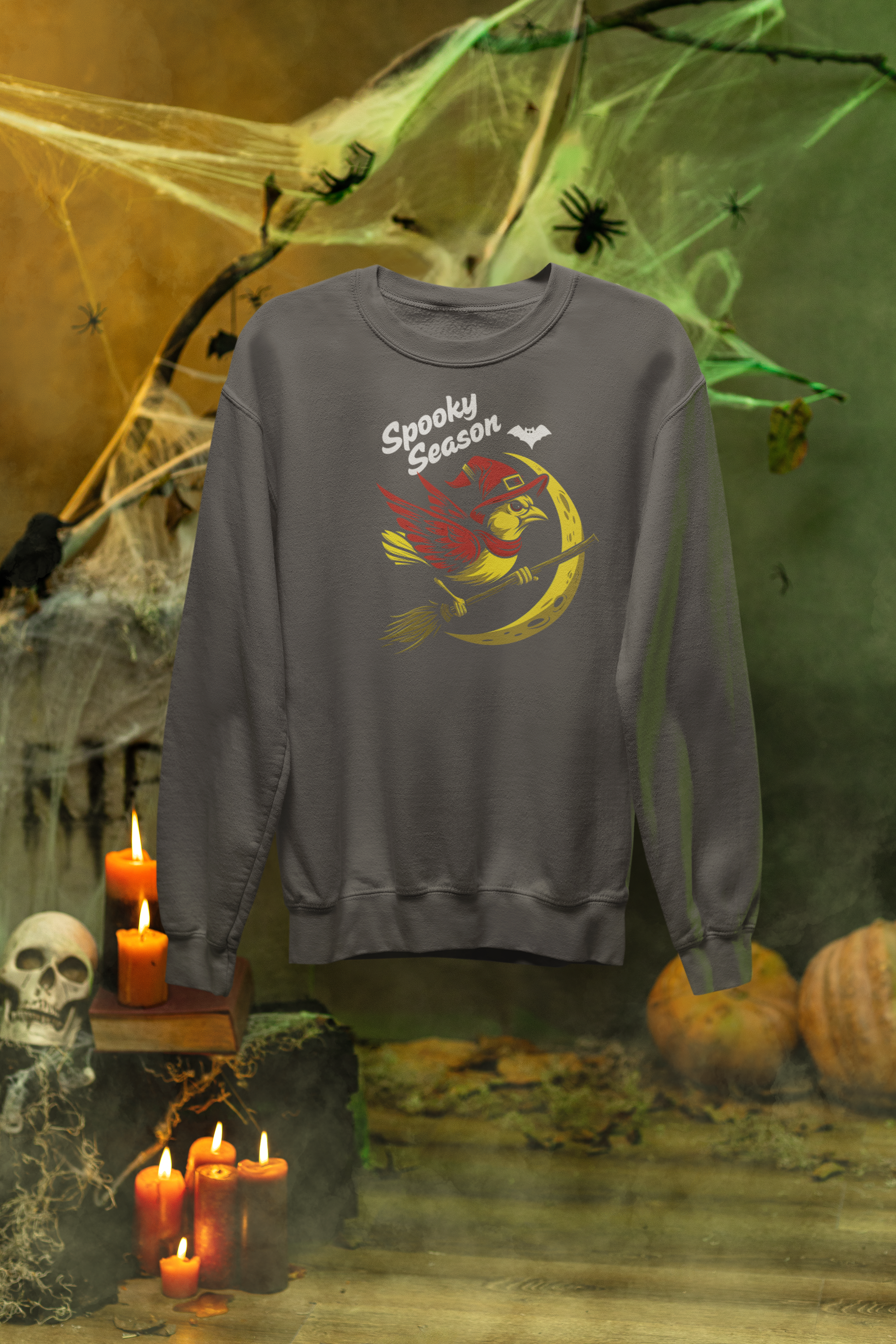 Spooky Season Bird Sweatshirt – Halloween Crewneck with Witch Budgie & Moon Design