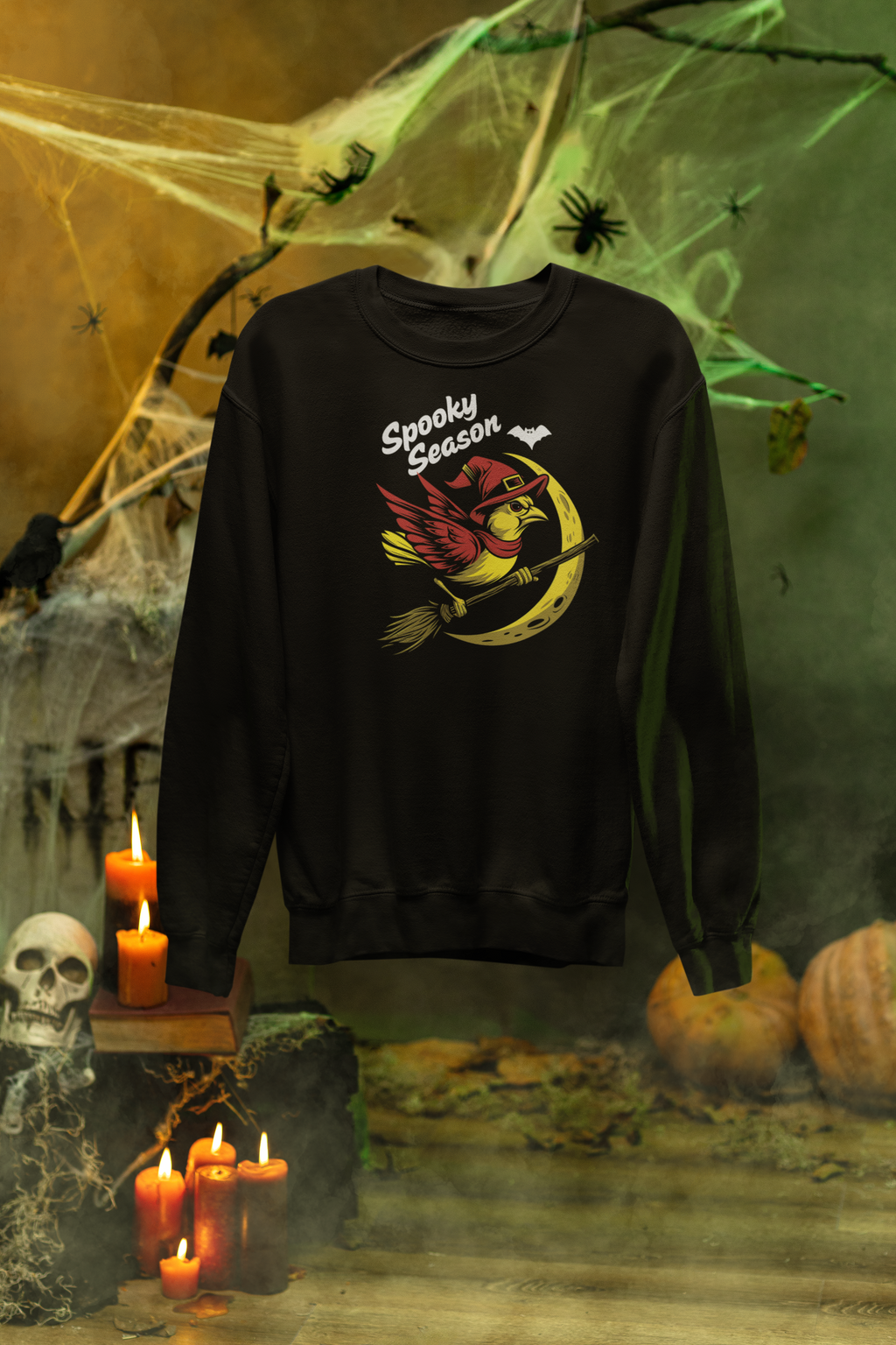 Spooky Season Bird Sweatshirt – Halloween Crewneck with Witch Budgie & Moon Design